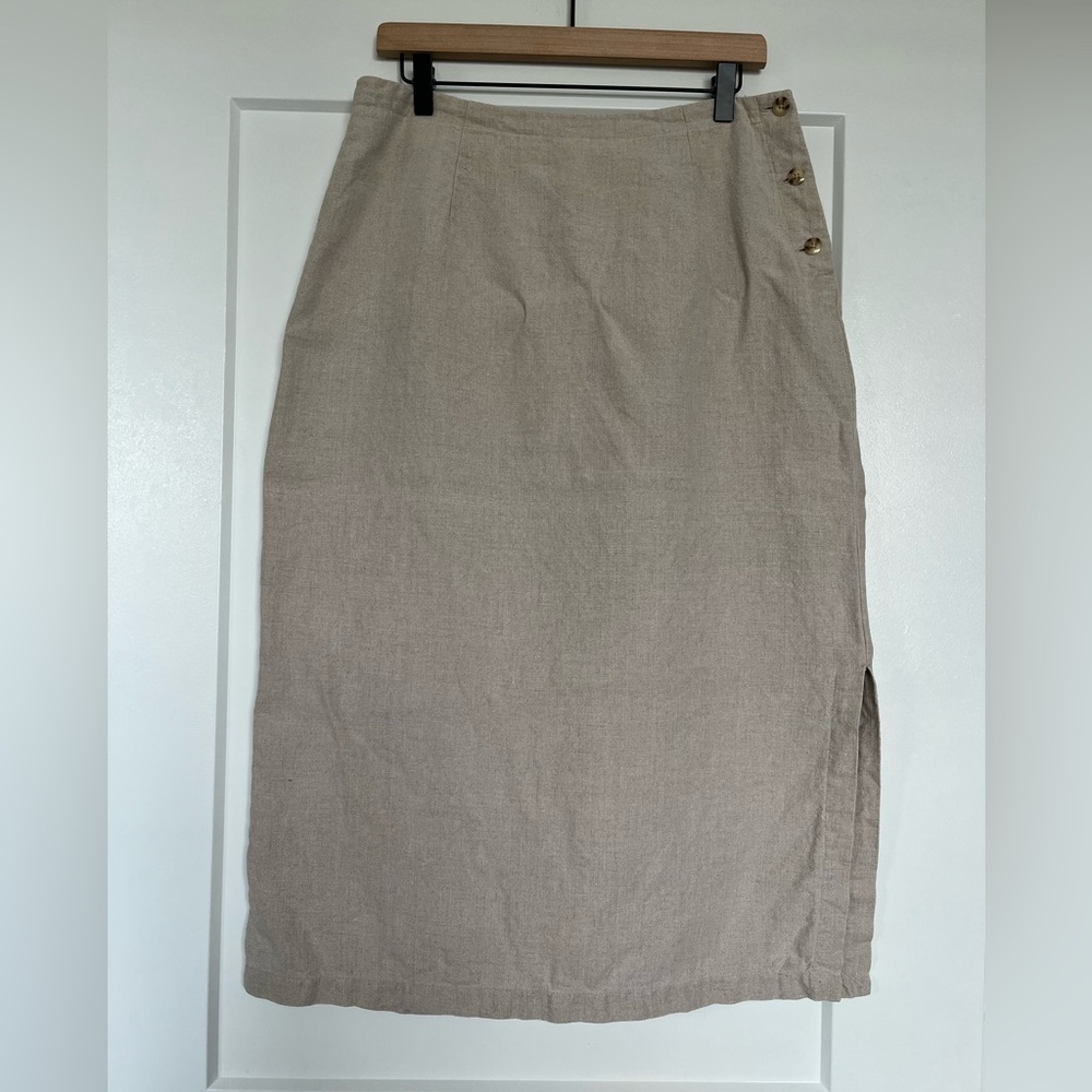 Linen Skirt Eddie Bauer Petite 12 Beige Minimalist Summer Side Slit